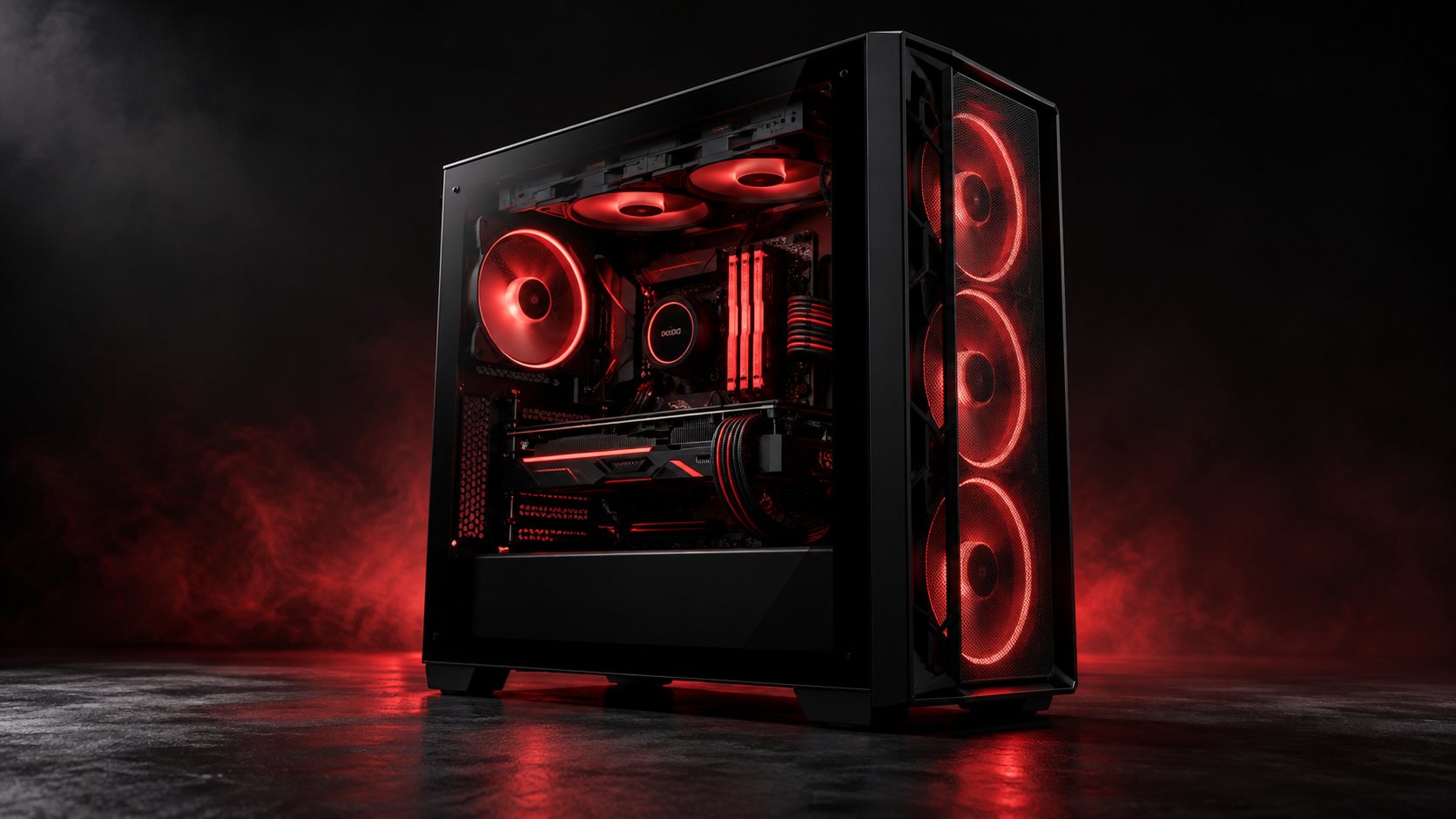 מחשב גיימינג שחור עם תאורת RGB אדומה